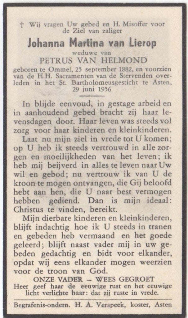 Johanna M. van Lierop 1882 Ommel + 1956 Asten, 73 jaar oud, Ophalen of Verzenden