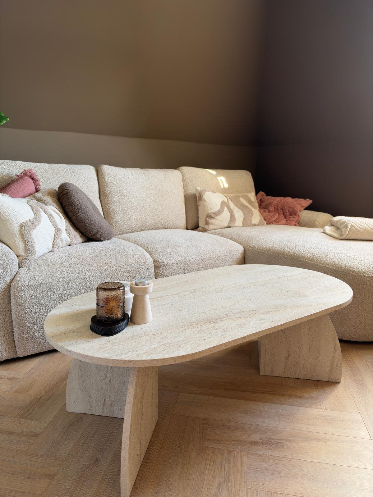 Ovale salontafel travertin melamine - Japandi, Huis en Inrichting, Ophalen, 100 tot 150 cm, 50 tot 100 cm, Zo goed als nieuw