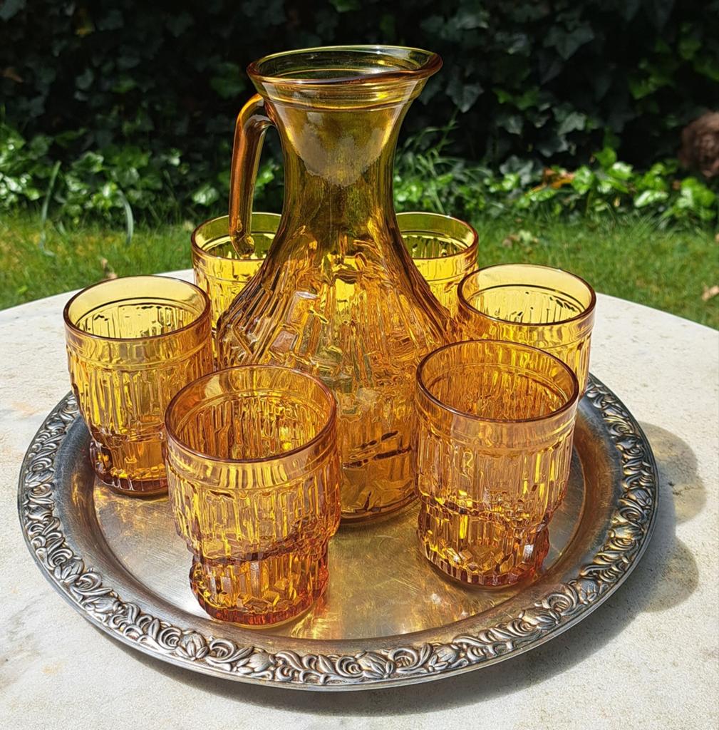 Vintage set sapkan 6 glazen amberkleurig nieuwstaat tuin, Ophalen of Verzenden