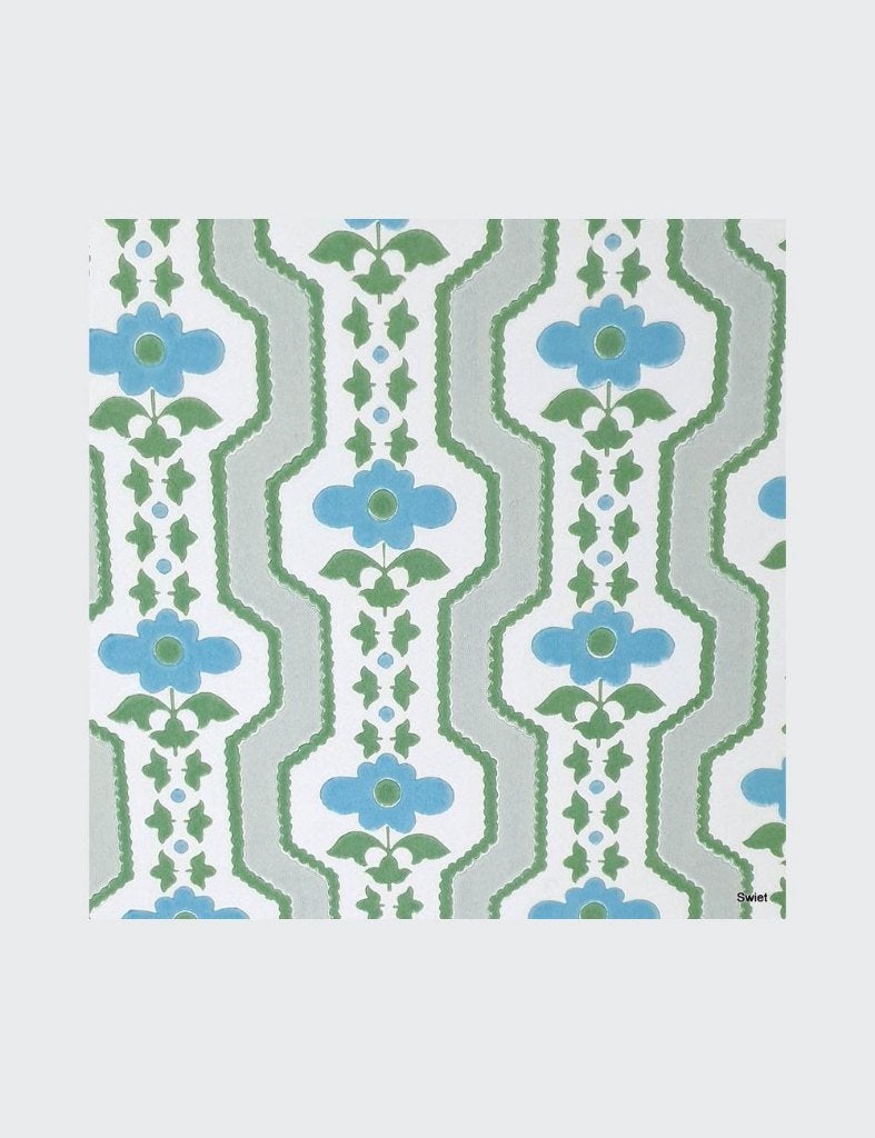 3707 Behang blauw lijnenspel bloemen retro vintage swiet, Ophalen of Verzenden, Groen