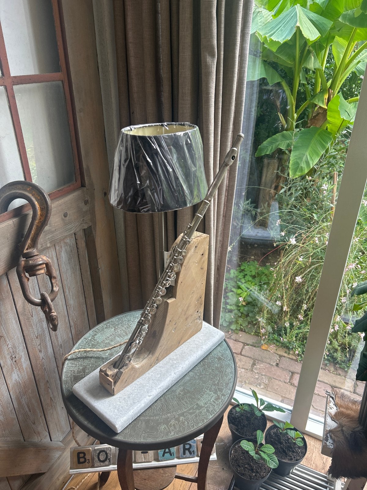 Unieke Box-Art Dwarsfluit Muzieklamp op marmeren voet, Antiek en Kunst, Ophalen of Verzenden