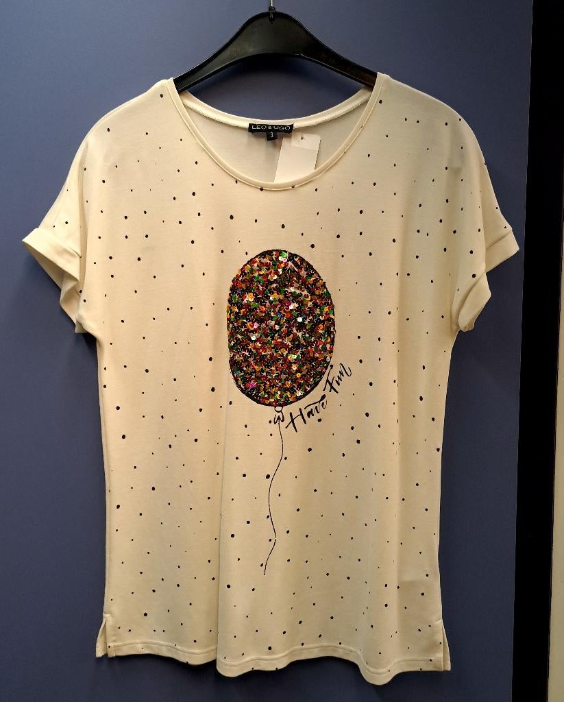 Leo & Ugo shirt ecru+ ballon kleurrijke pailletjes M 38430, Kleding | Dames, T-shirts, Gedragen, Maat 38/40 (M), Overige kleuren