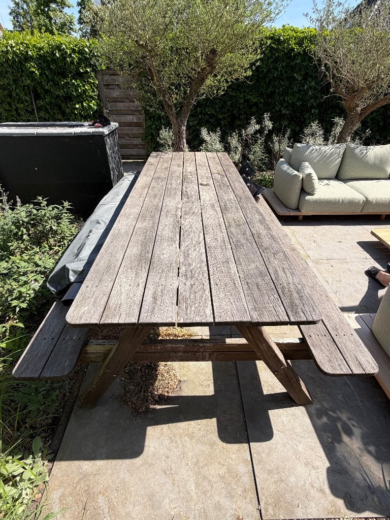 Stoere hardhouten picknicktafel, Ophalen, Gebruikt, Rechthoekig, Hout