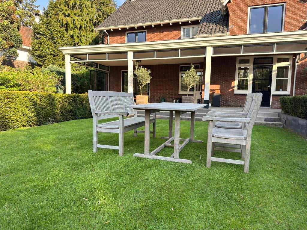 Teak tuinset bank en stoelen, Ophalen of Verzenden, Gebruikt, Carport
