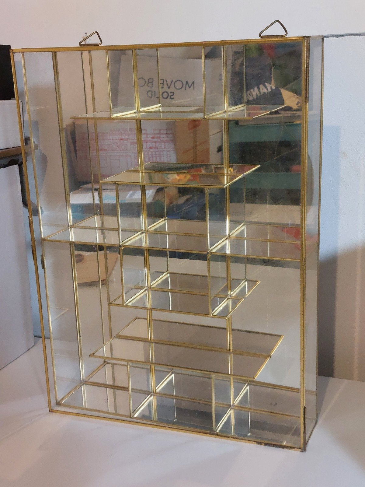 Vintage wandvitrine messing spiegelkast 50 cm x 37 cm, Ophalen, Minder dan 50 cm, Gebruikt, Glas