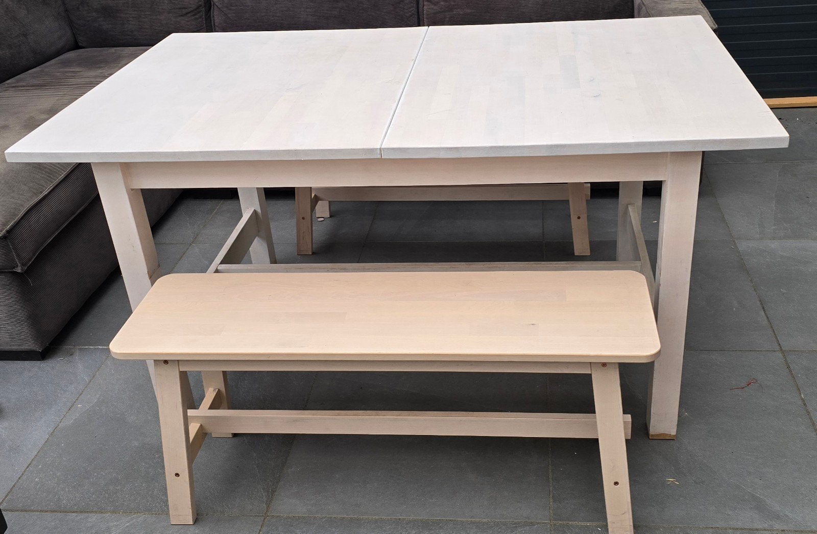 IKEA Norden uitschuifbare tafel en 2 bankjes, Ophalen, Overige materialen, Gebruikt, 200 cm of meer