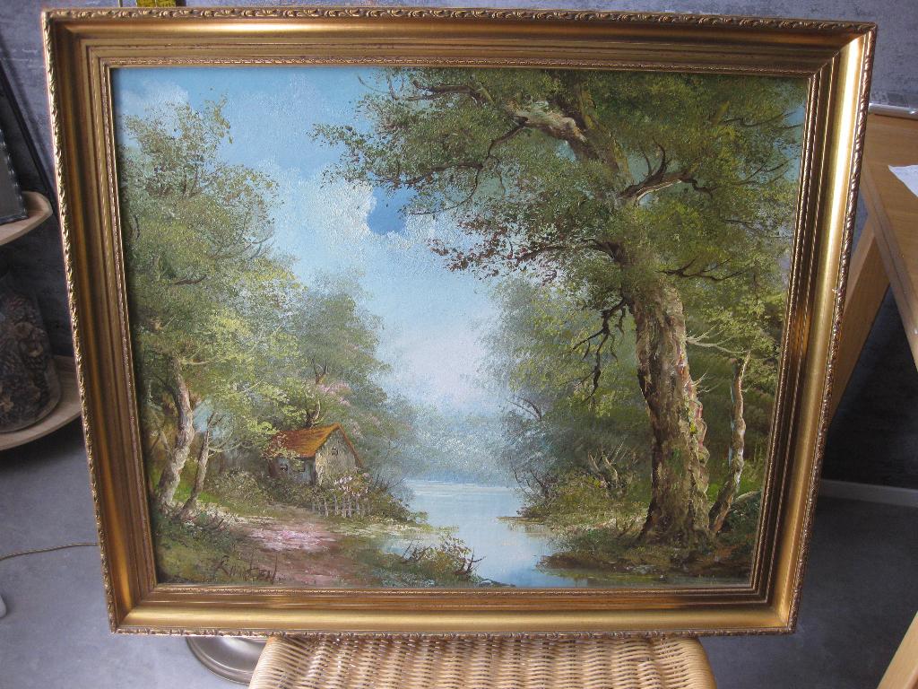 Olieverf schilderij op canvas in mooie lijst, Gebruikt, 50 tot 75 cm, Ophalen of Verzenden, Schilderij