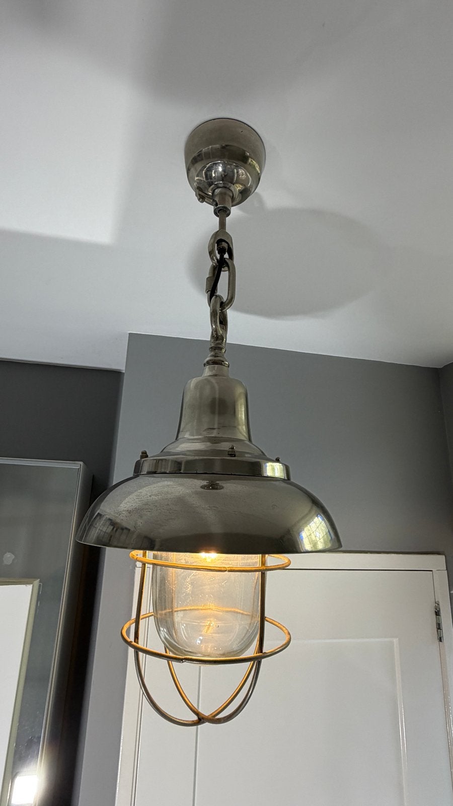 Industriële Hanglampen - Nikkel met Glazen Kap, Ophalen of Verzenden, Zo goed als nieuw, Metaal, E27 (groot)