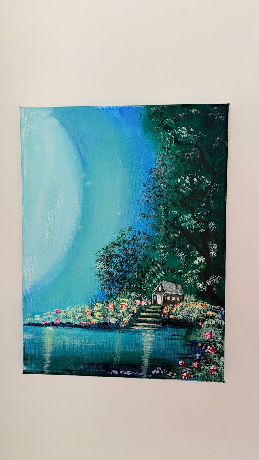 Schilderij: Mysterieuze Maannacht met Huisje aan het Water, Antiek en Kunst, Acrylverf, Handgeschilderd, Textiel, Landschap