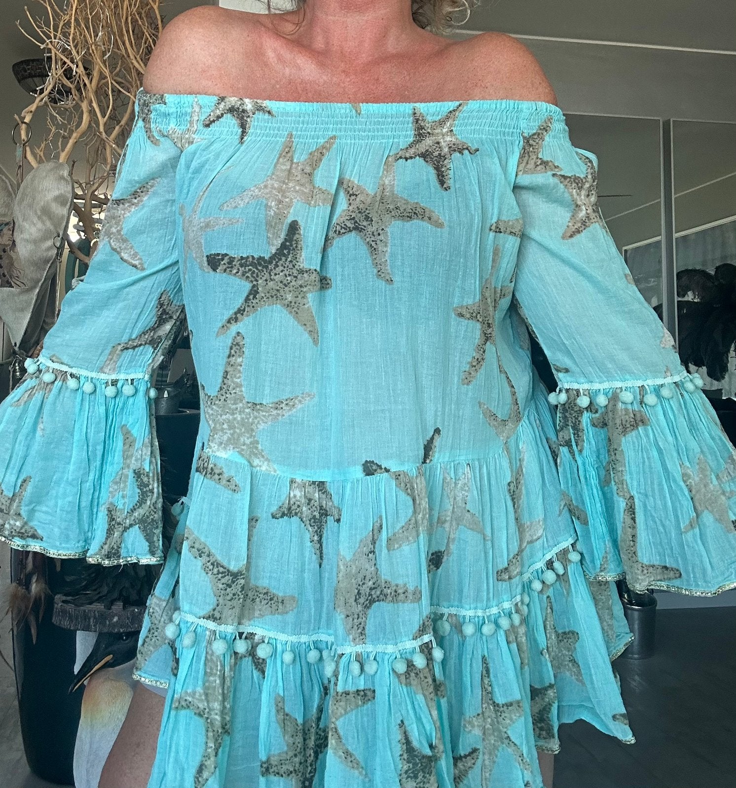 Turquoise off shoulder tuniek , maat XL , a lijn, Ophalen of Verzenden, Zo goed als nieuw, Maat 42/44 (L), Blauw