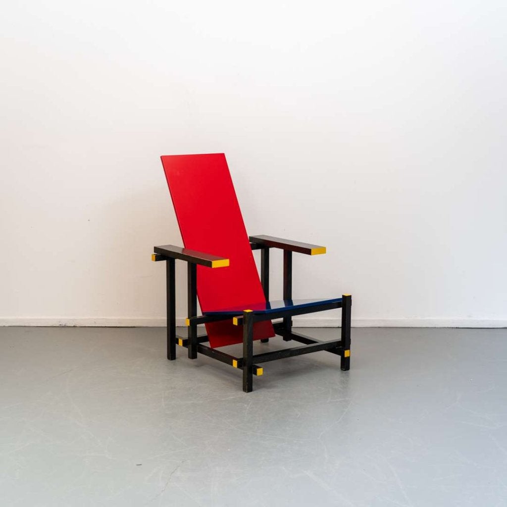 1x Cassina 635 Red And Blue Fauteuil Meerkleurig Hout, Huis en Inrichting, Fauteuils, Niet ingevuld, Niet ingevuld, 75 tot 100 cm