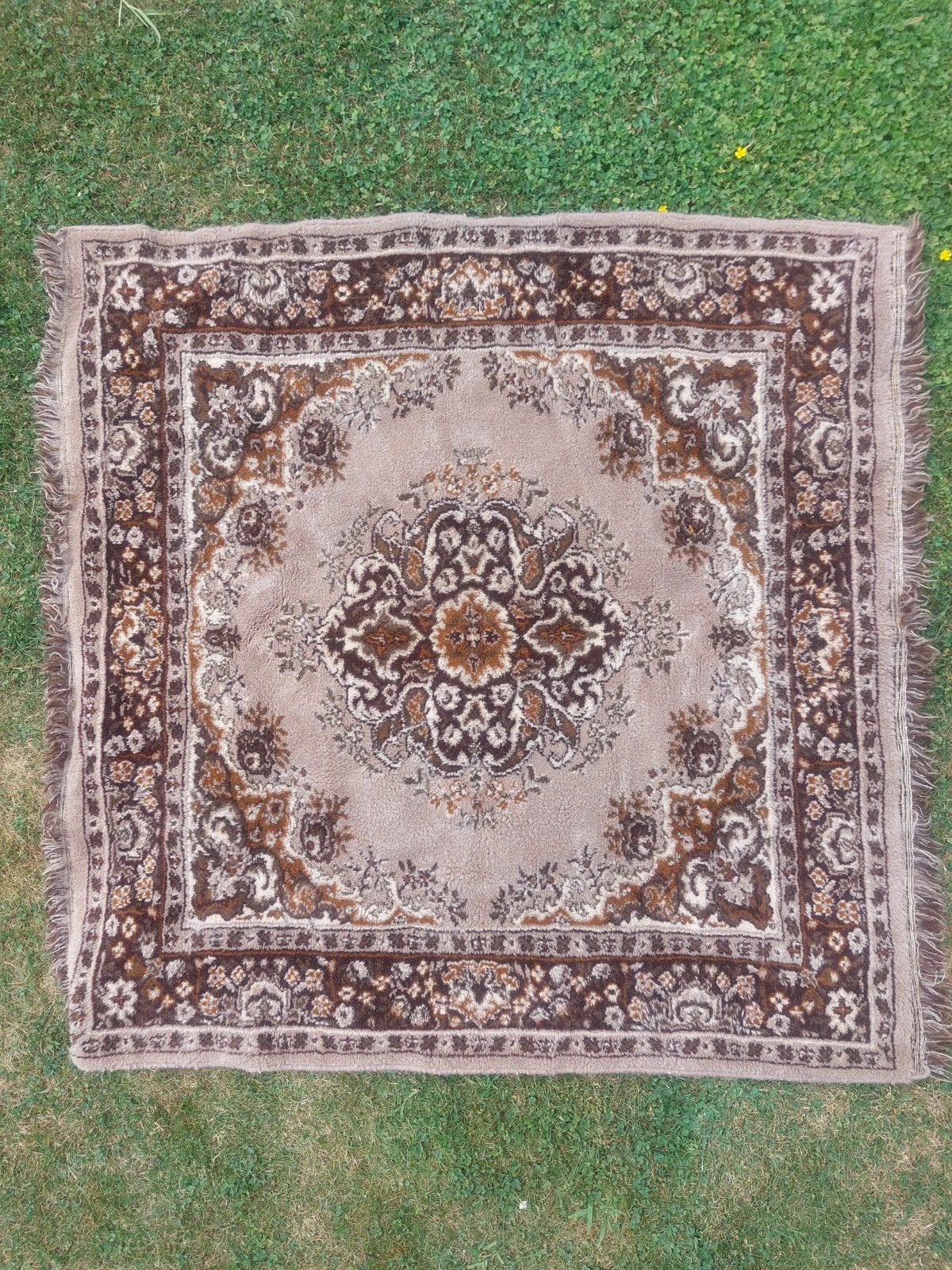 Vierkant vloerkleed 114x114 cm - Bruin/Beige, Gebruikt, Klassiek, Vierkant, Ophalen of Verzenden