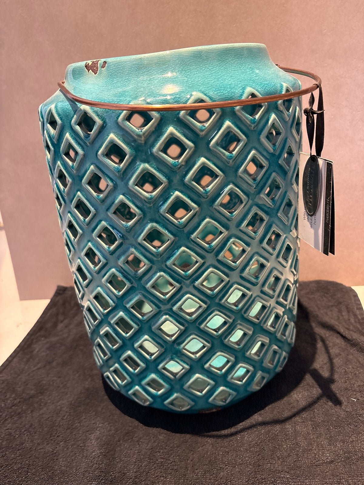 Riverdale vaas/lantaarn, turquoise, 35 cm hoog, Ophalen, Overige kleuren, Met patroon/structuur, Zo goed als nieuw