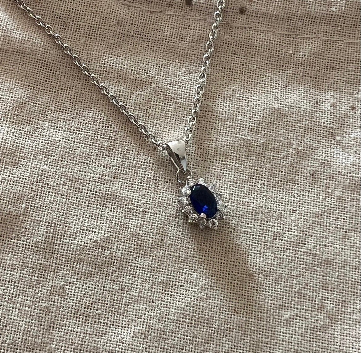 Zilveren 925 Lady Di ketting 45cm blauwe en witte stenen, Verzenden, Zo goed als nieuw, Blauw, Zilver