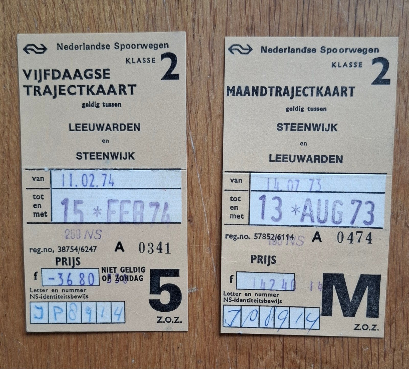 NS trajectkaarten 1973 en 1974 Leeuwarden-Steenwijk, Ophalen of Verzenden, Gebruikt, Trein, Overige typen