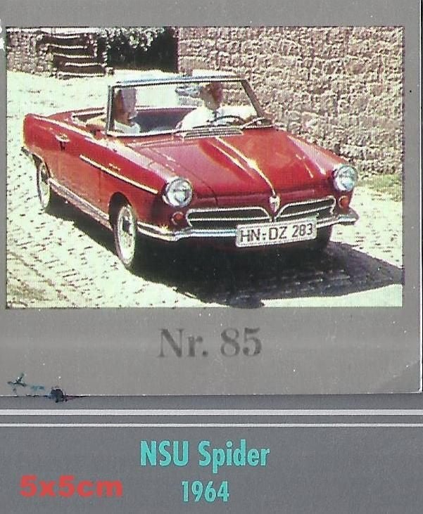 Vp85 autokaartje nsu spider 1964 5cm x 5cm, Ophalen of Verzenden, Zo goed als nieuw, Auto's