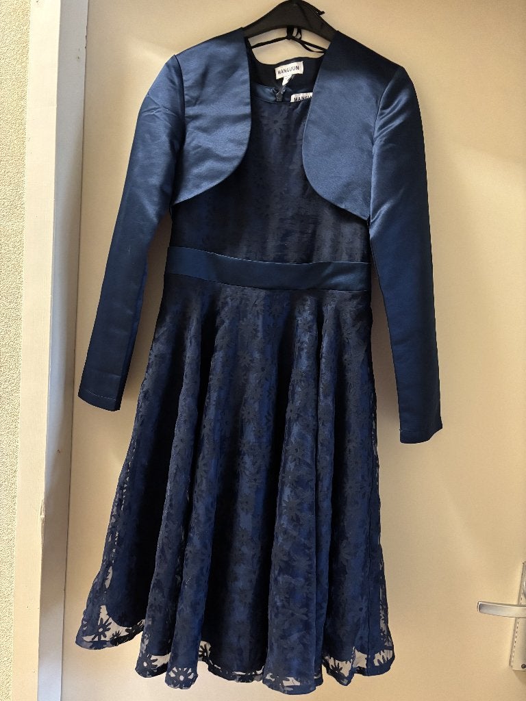 Manguun Feestjurk Blauw met Bloemen en Bolero Maat 152, Jongen of Meisje, Ophalen of Verzenden, Jurk of Rok, Manguun