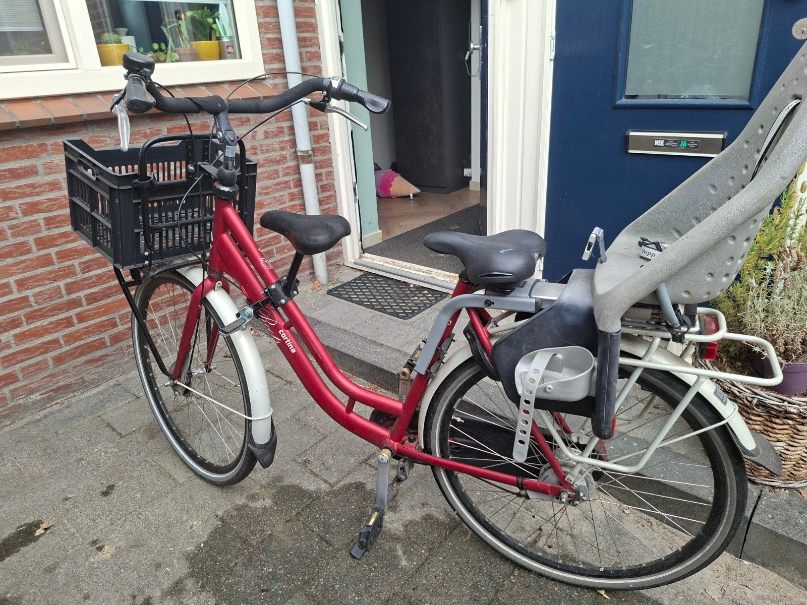 Mamafiets met voor- en achterzitje voor 2 kinderen, 2 zitjes, Gebruikt, Dubbele standaard, Ophalen