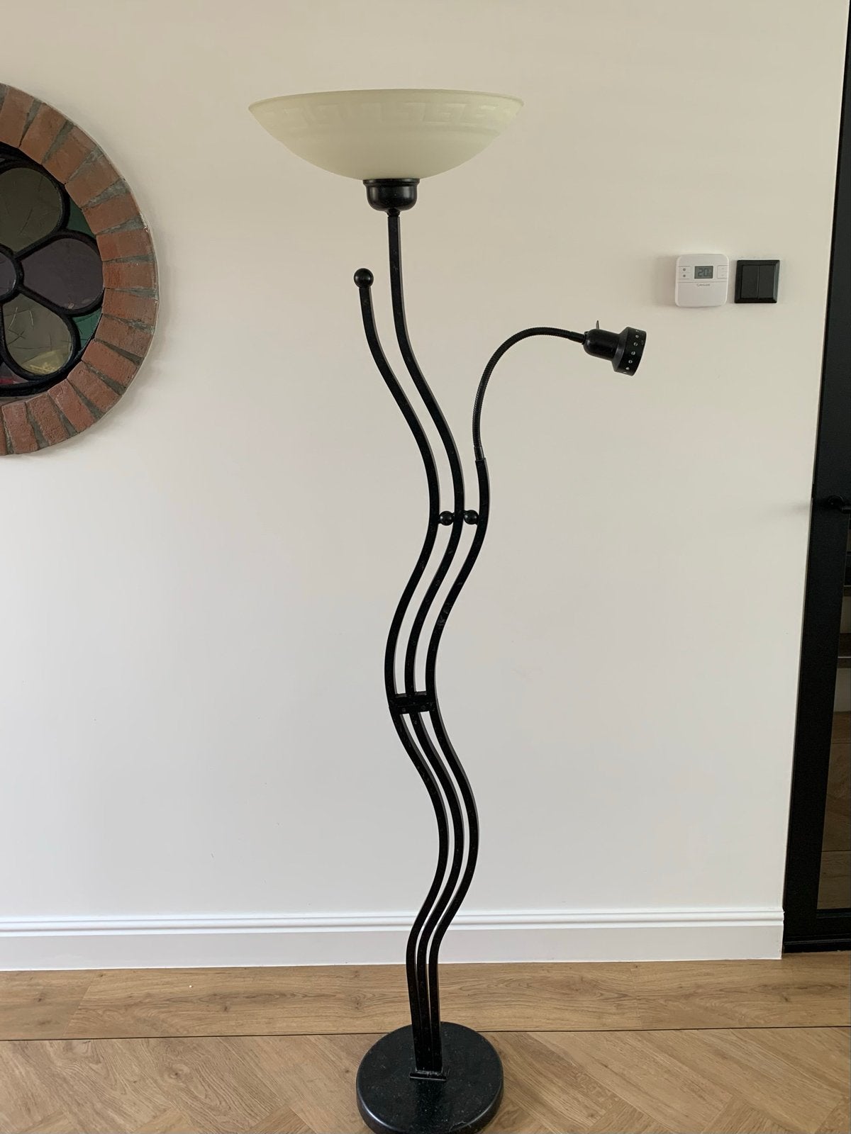 Staande Griekse schemerlamp met leeslamp, Huis en Inrichting, Ophalen, Gebruikt, E27 (groot), Metaal