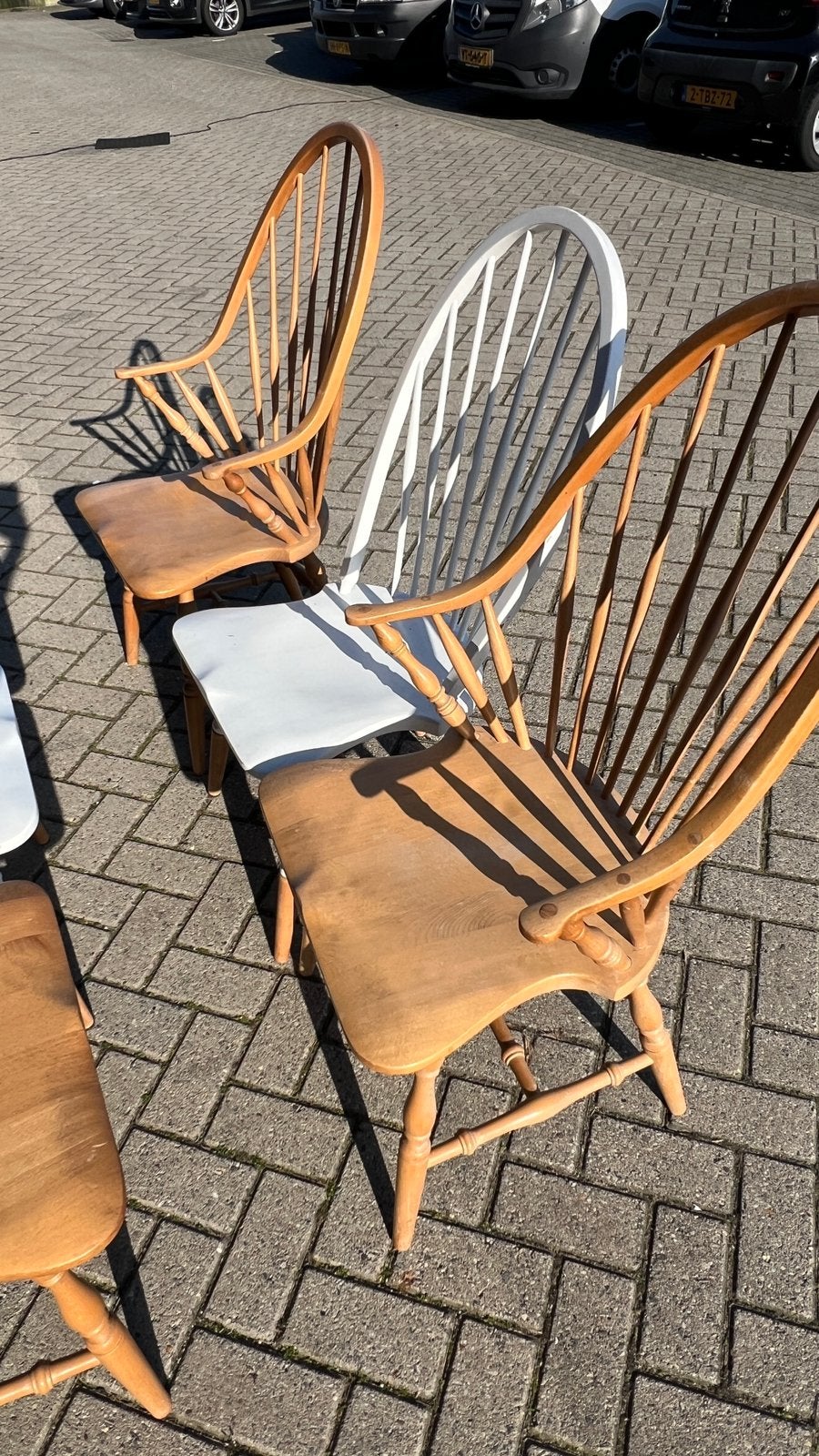 6 Windsor eetkamerstoelen – hout / deels wit, Huis en Inrichting, Stoelen, Ophalen, Gebruikt, Overige kleuren, Vijf, Zes of meer stoelen