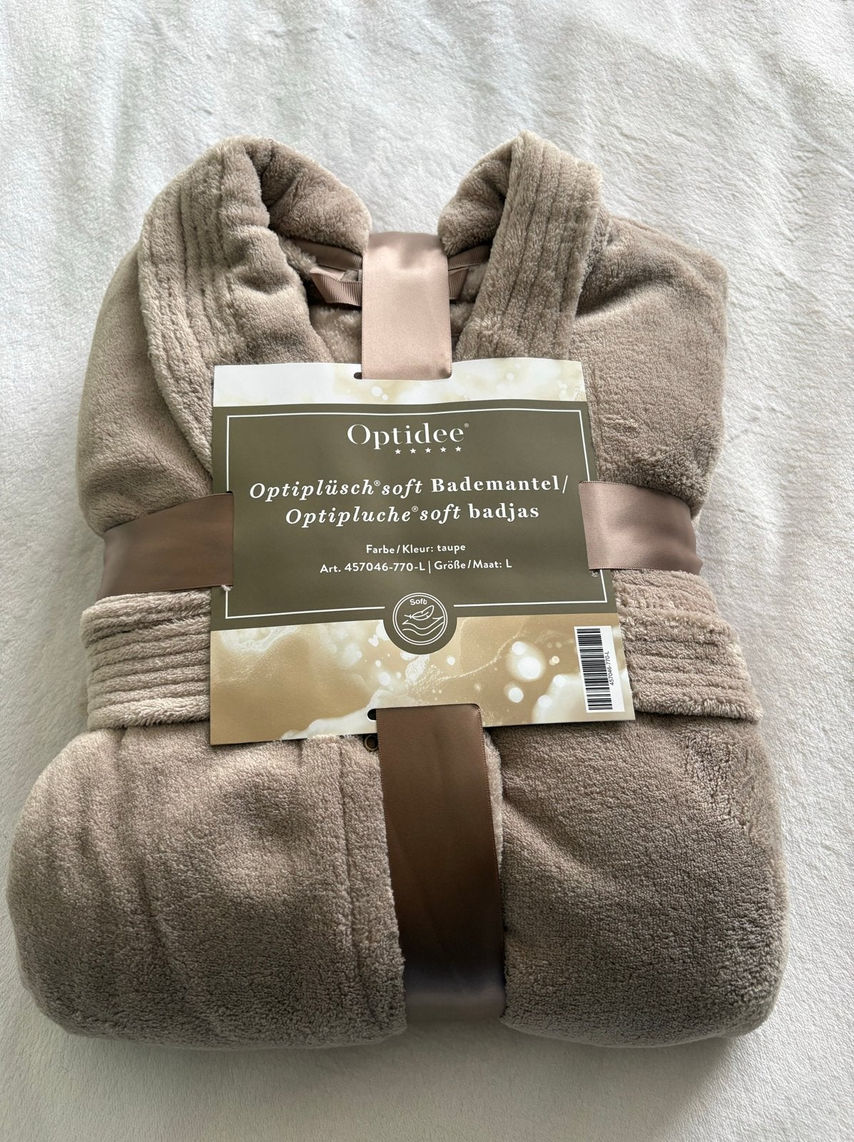 Optidee Optipluche soft badjas - Taupe - Maat L, Verzenden, Nieuw, Maat 42/44 (L)