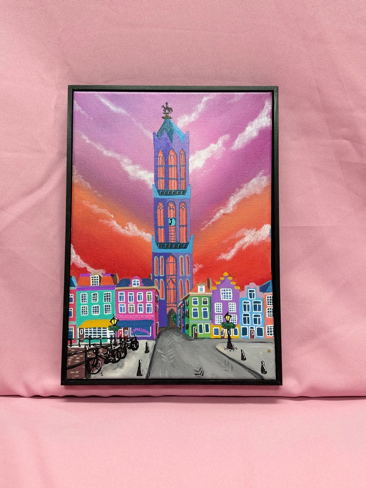 Kleurrijk Stadsgezicht Schilderij - Utrechtse Domtoren, Acrylverf, Handgeschilderd, Ophalen of Verzenden, Stadsgezicht