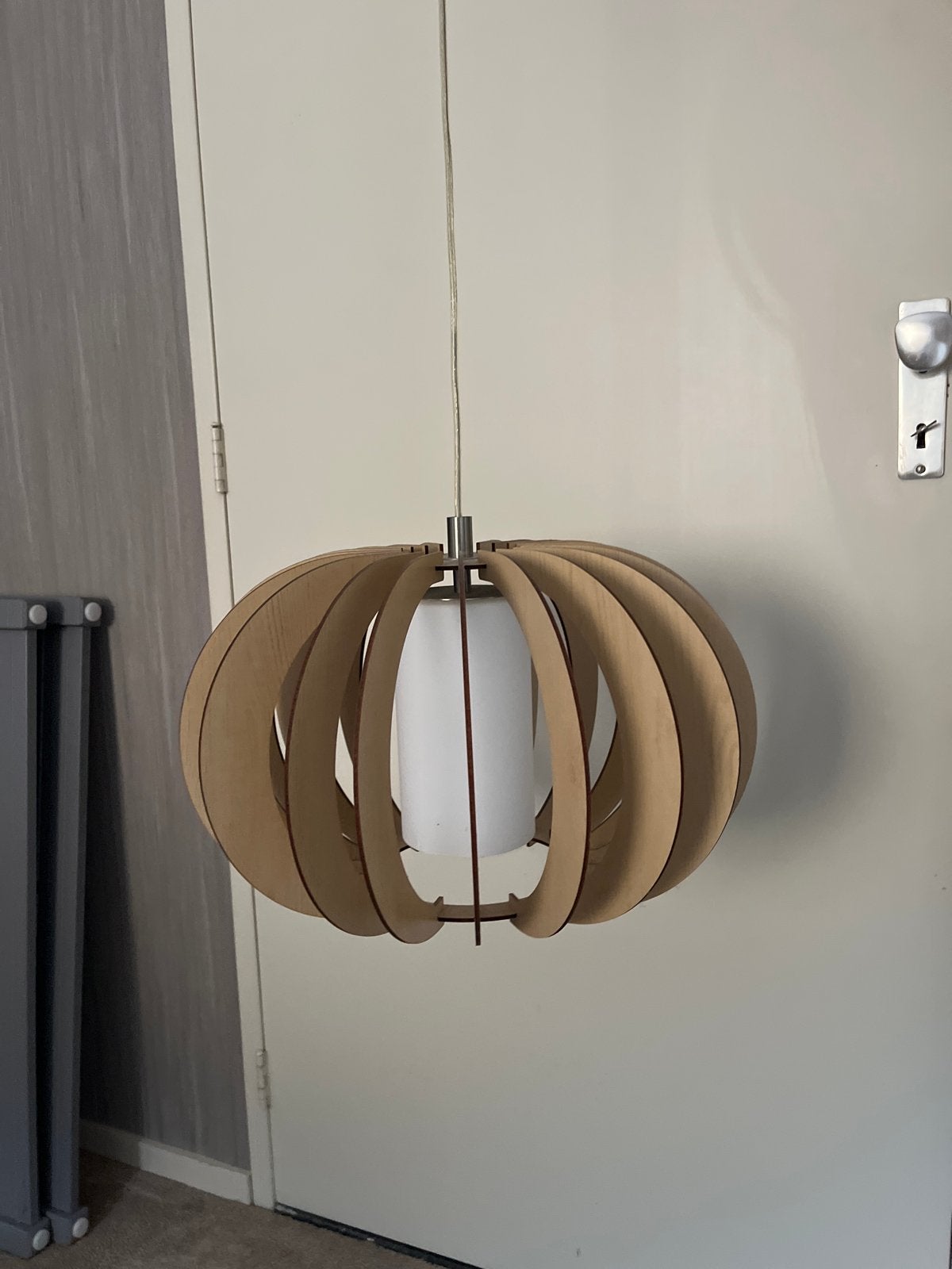 2x Houten Hanglamp met Glazen Binnenkant - Ø 40cm, Ophalen, Gebruikt, Hout