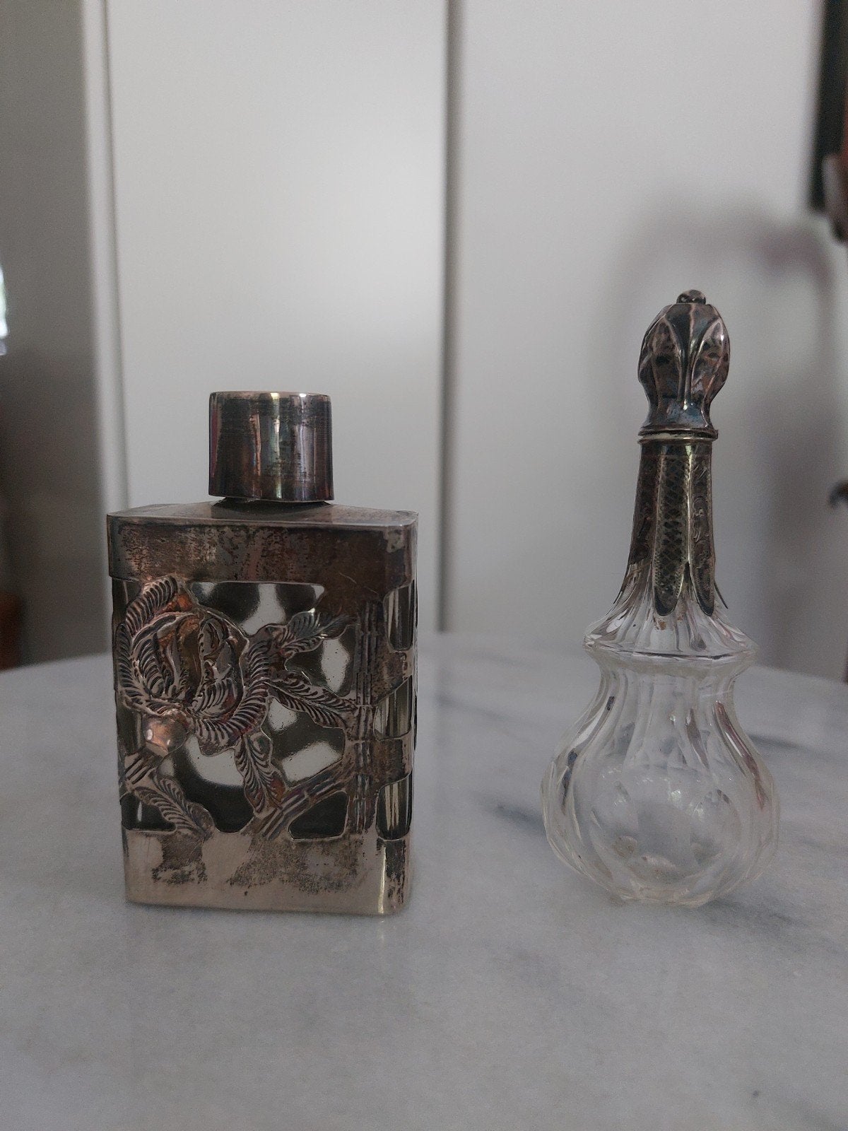 Antieke Sterling Zilveren Parfumflesjes Set - Mexico, Antiek en Kunst, Ophalen, Zilver