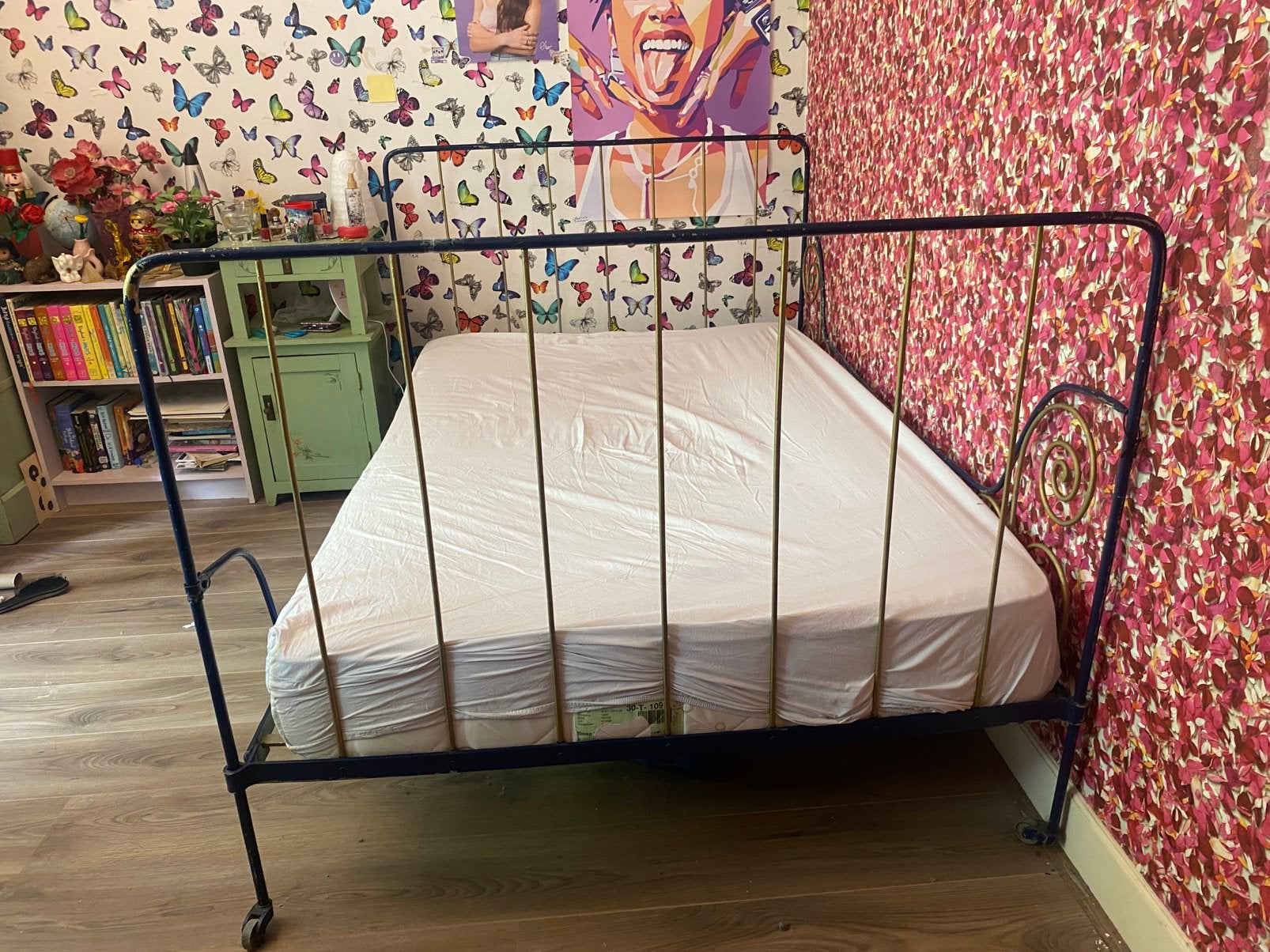 Antiek Frans bed, Huis en Inrichting, Slaapkamer | Bedden, Ophalen, Blauw, Anriek Frans, 190 cm of minder
