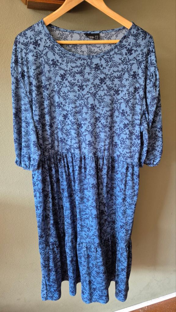 Janina zgan blauwe jurk met bloemen mt 48, Kleding | Dames, Grote Maten, Blauw, Jurk, Ophalen of Verzenden, Zo goed als nieuw