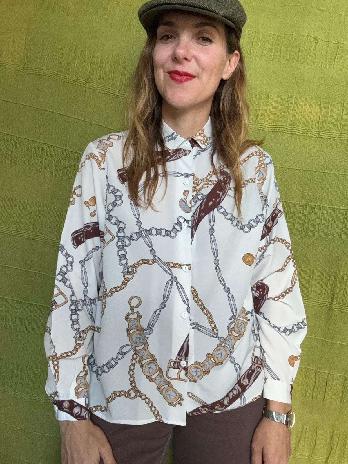 Vintage blouse, maat 36/38 - S/M - wit - goud - ketting- 90s, Ophalen of Verzenden, Vintage, ,, Maat 36 (S)