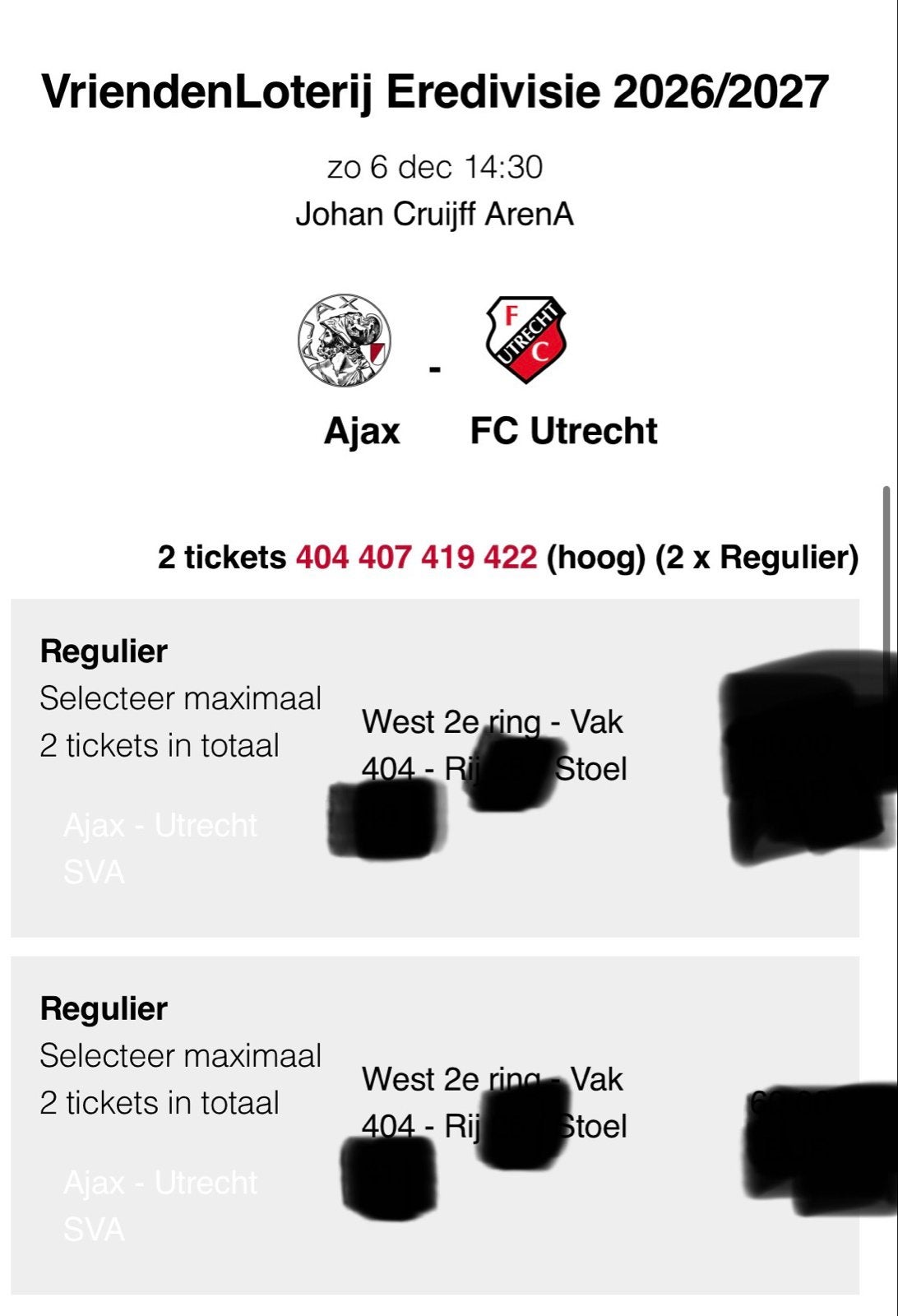 2 kaarten ajax fc utrecht zie beschrijving, Tickets en Kaartjes