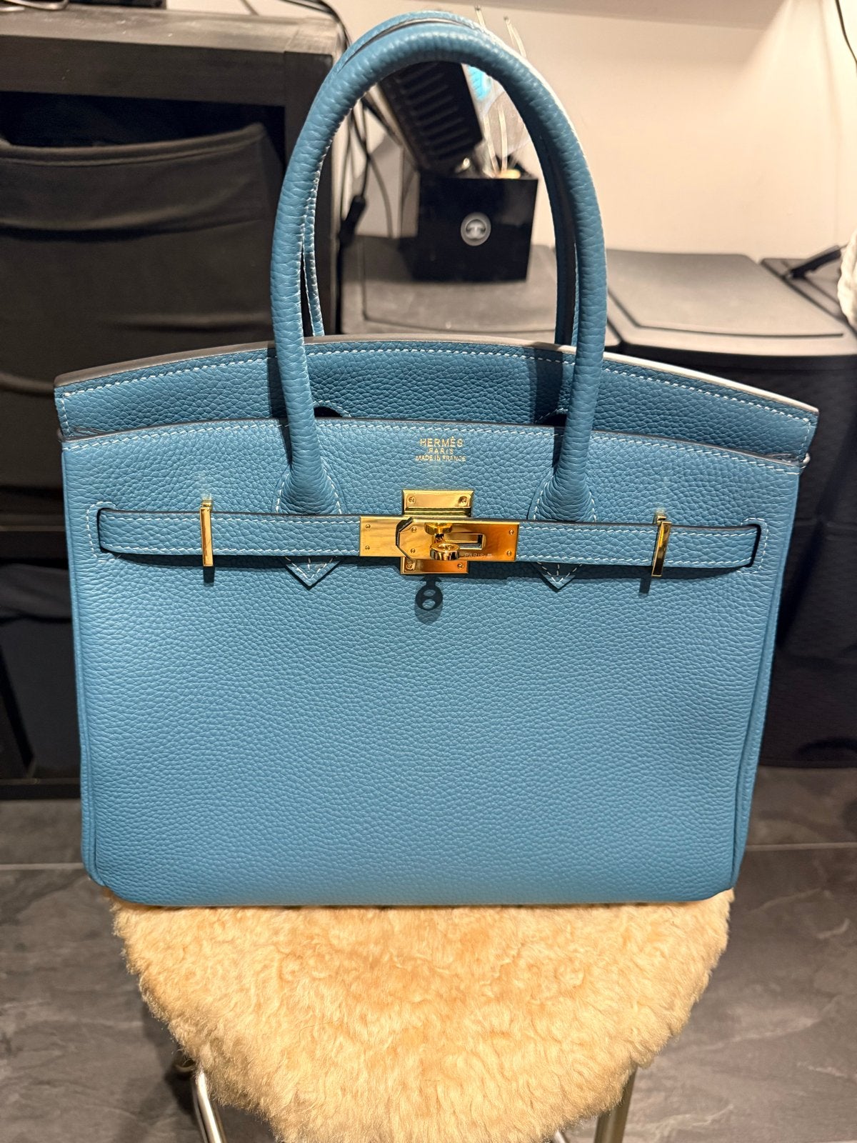 Hermes Birkin 30 cm Blue Jeans Handtas - Handgenaaid, Ophalen of Verzenden, Zo goed als nieuw, Blauw, Handtas