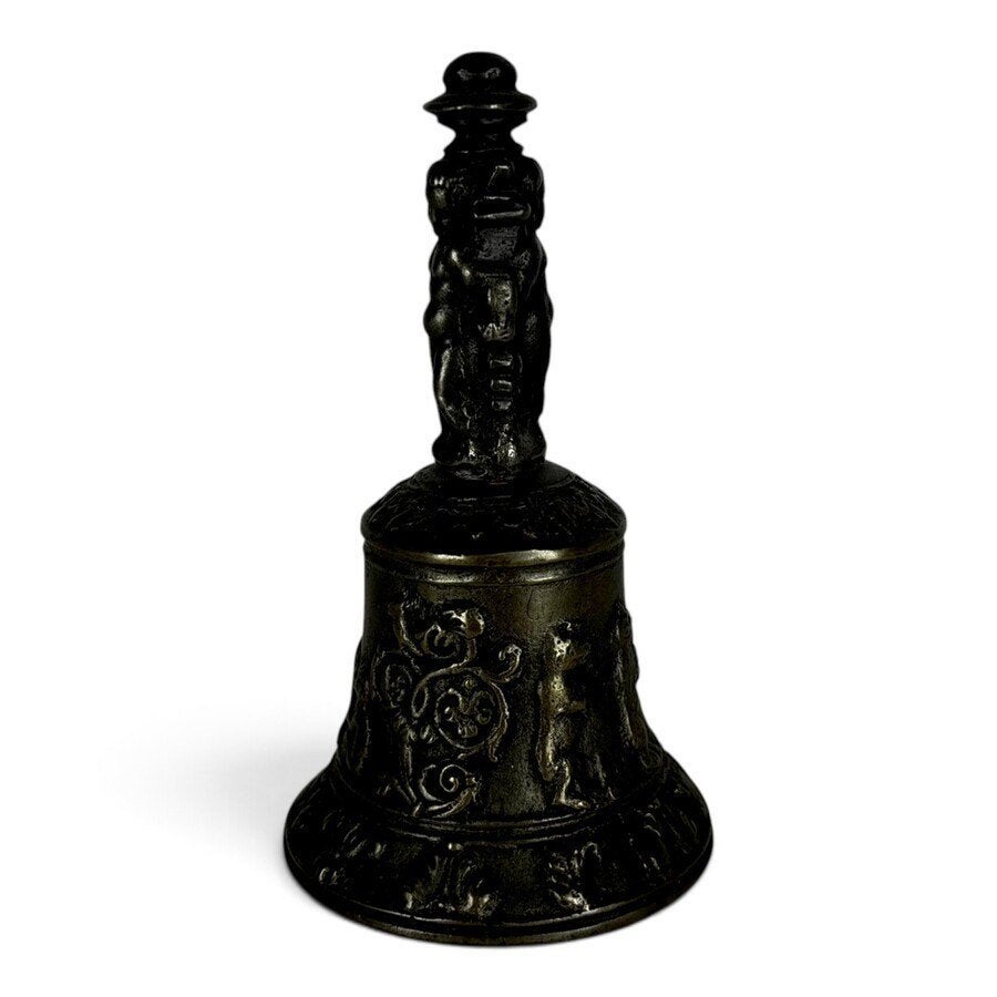 Een antieke bronzen tafelbel en zwavelstok doosje., Ophalen of Verzenden