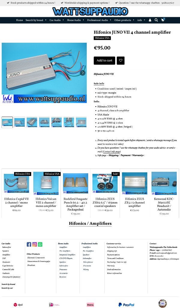 Hifonics JUNO VII 4 kanaals versterker USA Made, Audio Design, Nieuw, Am Breilingsweg 3, 76709 Kronau, Duitsland, Ophalen of Verzenden