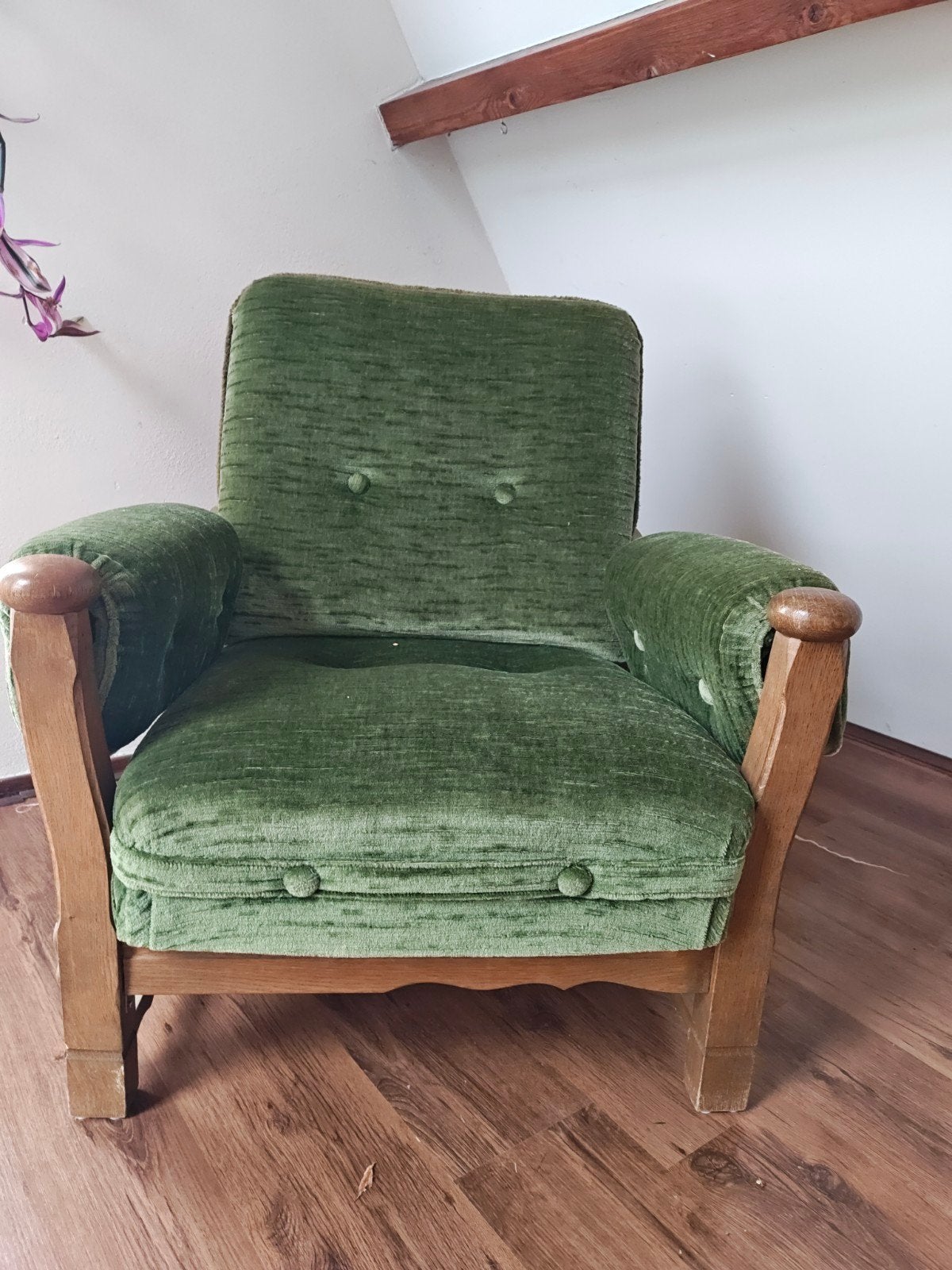 Vintage Groene Fauteuil - Hout en Stof, Gebruikt, 75 tot 100 cm, Stof, 75 tot 100 cm