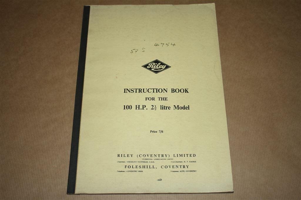 Riley Instruction Book 100 H.P. 2½ litre Model, Ophalen of Verzenden