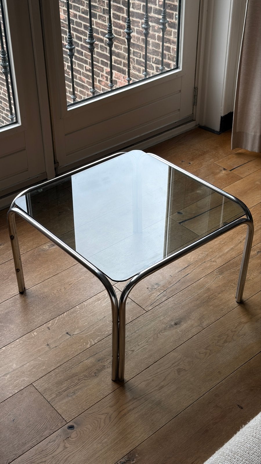 Vintage Space Age Chroom Bijzettafel Rookglas 60x60x40cm, Gebruikt, Vierkant, Glas, 5 – 50