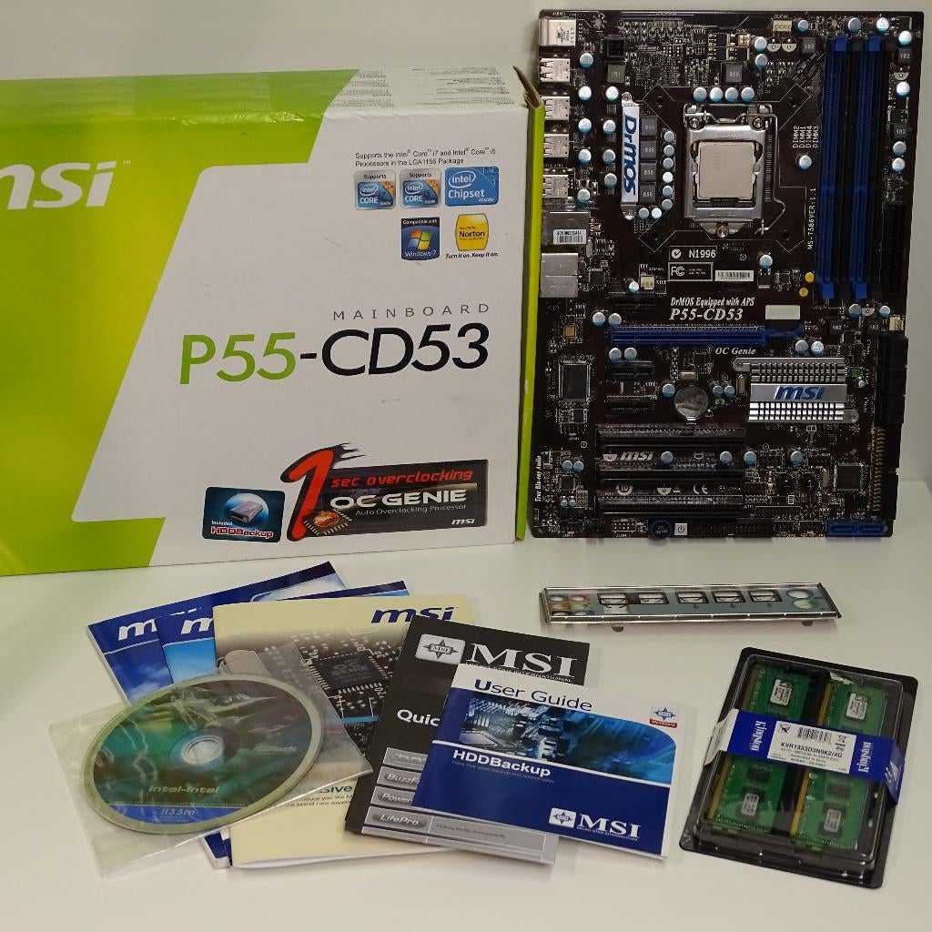 MSI P55-CD53 moederbord (LGA1156) + cpu + geheugen, Computers en Software, Moederborden, Gebruikt, Intel, DDR3, Ophalen of Verzenden