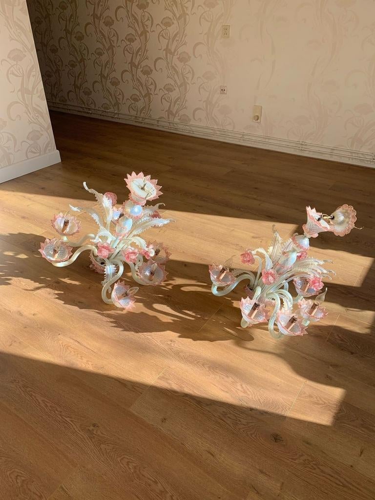 Murano Crystal chandeliers opalite pink, kroonluchter set, Ophalen, Gebruikt, Glas