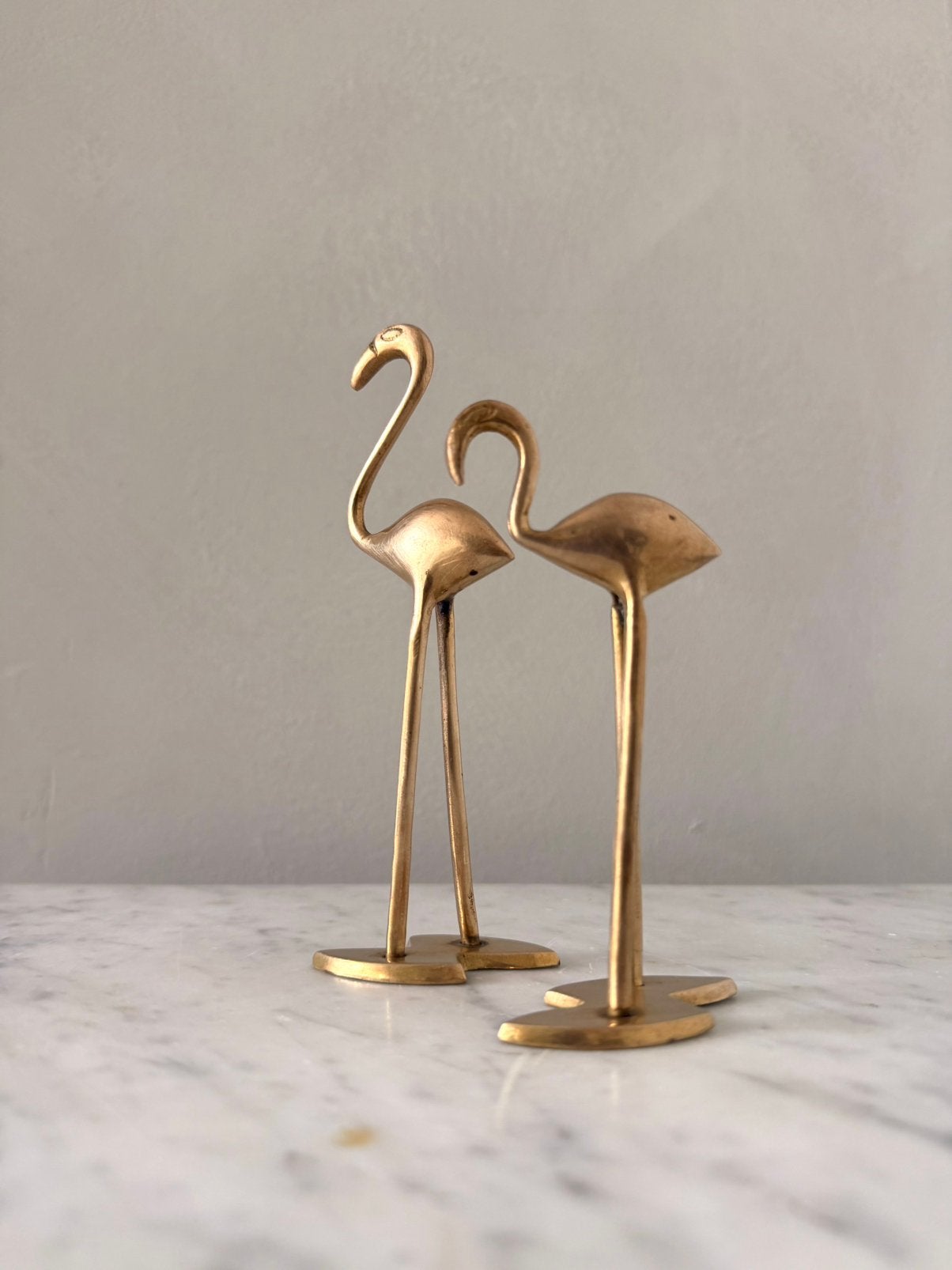 Vintage flamingo messing setje klein, Verzamelen, Beelden en Beeldjes, Ophalen of Verzenden, Zo goed als nieuw, Dier