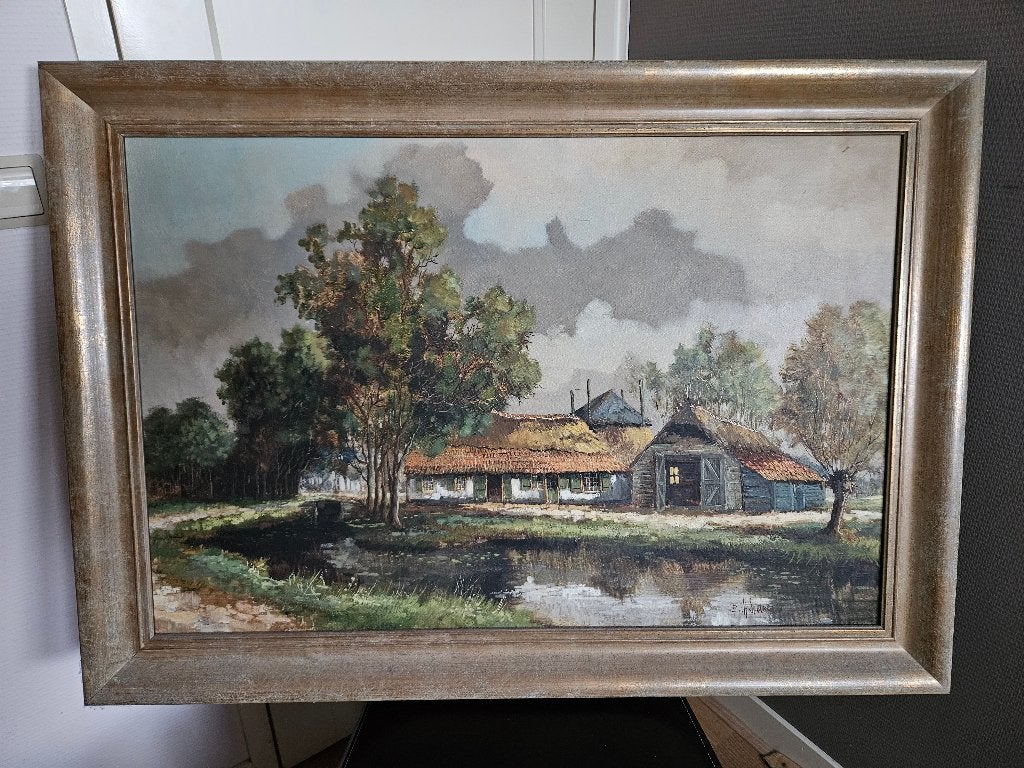 Schilderij B.H. Slotman, boerderij met hooiberg, Ophalen, Doek, Impressionistisch, Olieverf