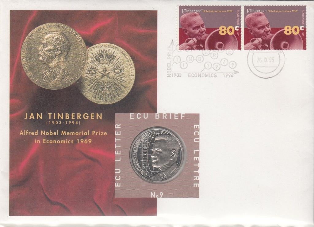 Nederland ECU brief No. 9 Nobelprijs Jan Tinbergen 1995, Postzegels en Munten, Penningen en Medailles, Ophalen of Verzenden, Overige materialen