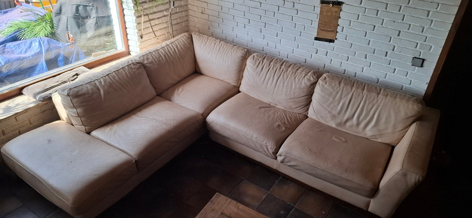 GRATIS  Lichte leren hoekbank - GRATIS, Ophalen, Gebruikt, Hoekbank, 300 cm of meer