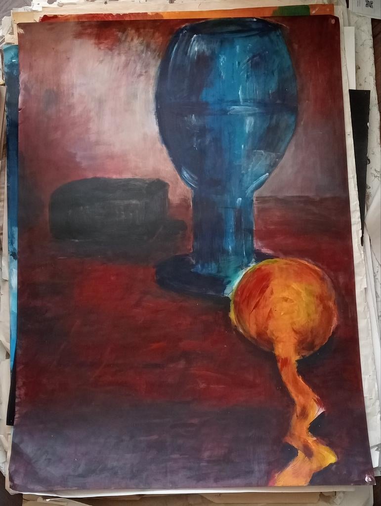 Stilleven met blauw glas circa 1990, Ophalen of Verzenden