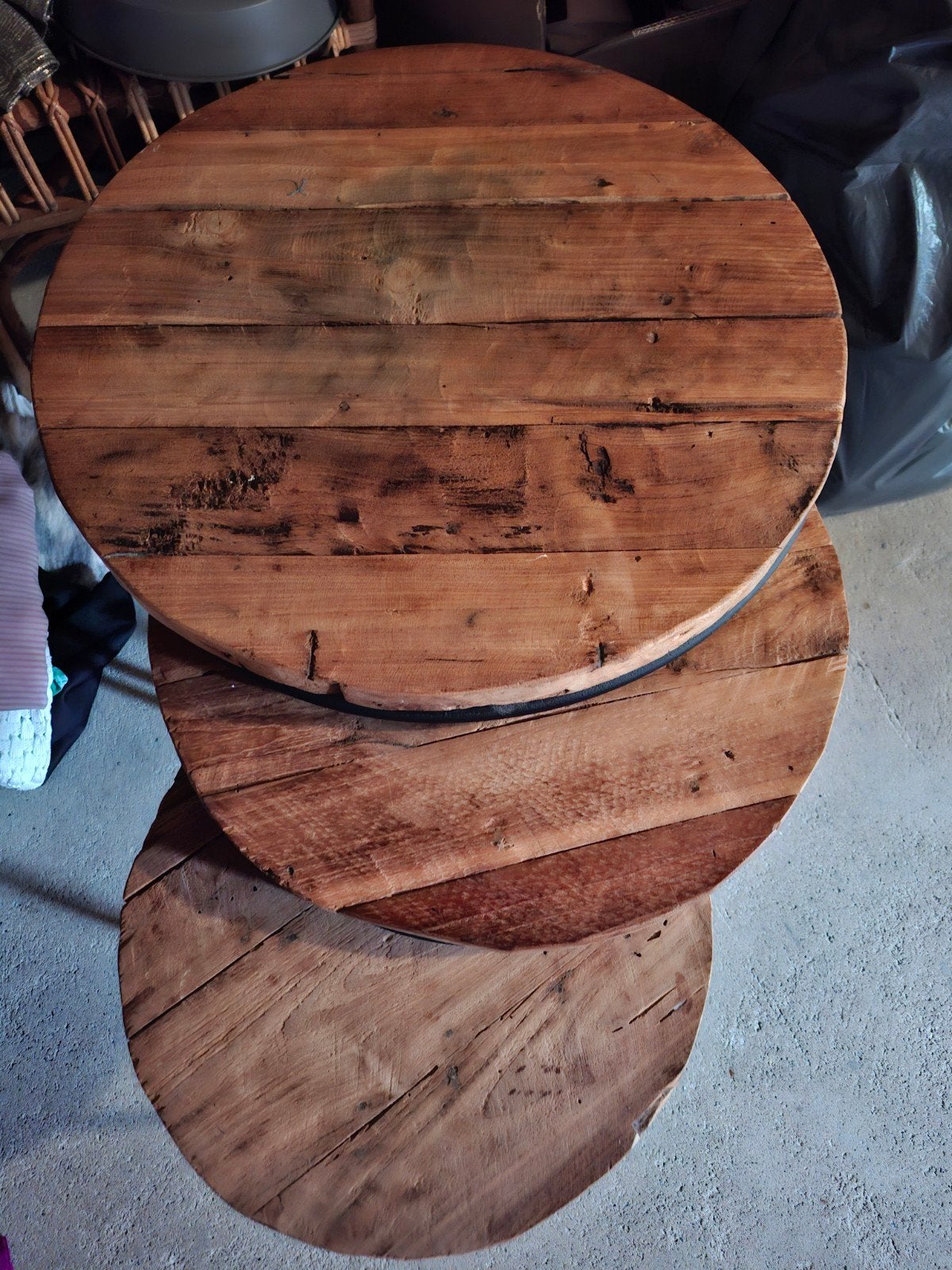 Unieke houten salontafelset mangohout, Huis en Inrichting, Ophalen, Gebruikt, Rond, Industrieel, Rustiek, Landelijk