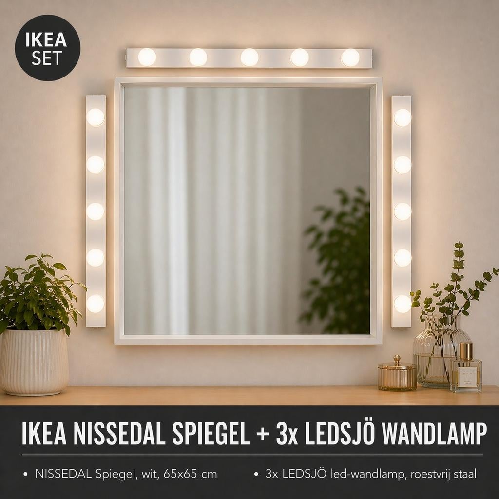 Make up spiegel IKEA NISSEDAL + 3x LEDSJÖ lamp – nieuwstaat!, Minder dan 50 cm, Ophalen of Verzenden, Zo goed als nieuw, Minder dan 100 cm
