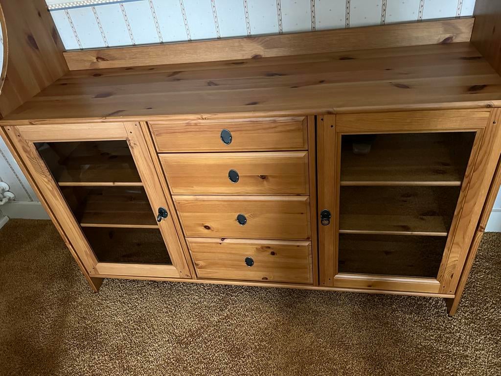 Houten dressoir met vitrinekasten en lades commode sideboard, Ophalen, Gebruikt, 150 tot 200 cm, Met lade(s)