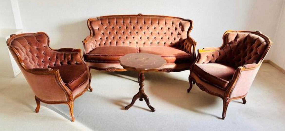 Vintage bank fauteuil bankstel roze louis xv, barok, boudoir, Ophalen