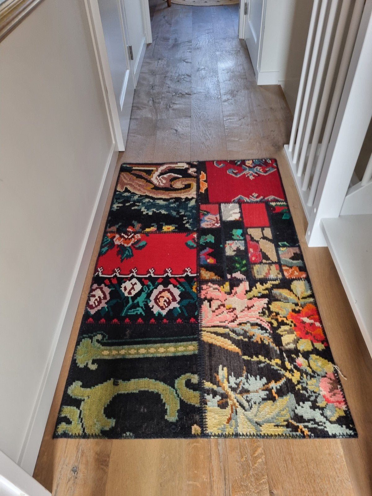 Patchwork Vloerkleed Gevoerd 150x90cm, Ophalen, Gebruikt, 50 tot 100 cm, Zwart